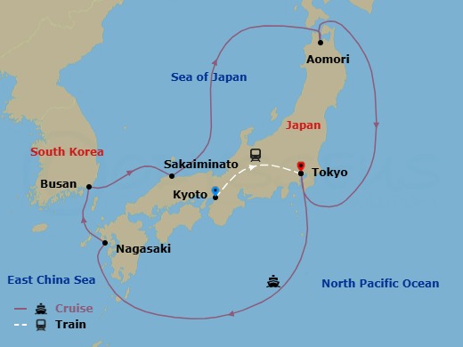 13 Night - Highlights of Japan - Tour 3C - Diamond Princess Tours - Starting in Kyoto, Japan, Tokyo, Japan, Nagasaki, Japan, Busan, South Korea, Sakaiminato, Japan, Aomori, Japan, Tokyo, Japan itinerary map