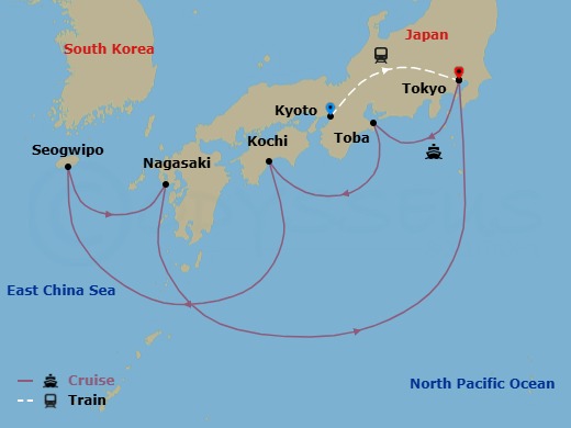 12 Night - Highlights of Japan - Tour 3H - Diamond Princess Tours - Starting in Kyoto, Japan, Tokyo, Japan, Toba, Japan, Kochi, Japan, Jeju (Seogwipo), South Korea, Nagasaki, Japan, Tokyo, Japan itinerary map
