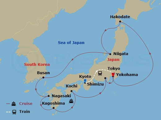 15 Night - Highlights of Japan - Tour 3A - Diamond Princess Tours - Starting in Kyoto, Japan, Tokyo, Japan, Tokyo (Yokohama), Japan, Hakodate, Japan, Niigata, Japan, Busan, South Korea, Nagasaki, Japan, Kagoshima, Japan, Kochi, Japan, Shimizu (for Mount Fuji), Japan, Tokyo (Yokohama), Japan itinerary map