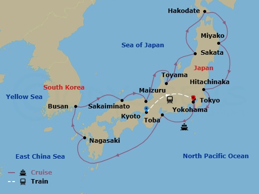 17 Night - Highlights of Japan - Tour 3B - Diamond Princess Tours - Starting in Kyoto, Japan, Tokyo, Japan, Tokyo (Yokohama), Japan, Toba, Japan, Nagasaki, Japan, Busan, South Korea, Sakaiminato, Japan, Maizuru, Japan, Toyama (Fushiki), Japan, Sakata, Japan, Hakodate, Japan, Miyako, Japan, Hitachinaka (for Nikko), Japan, Tokyo (Yokohama), Japan itinerary map
