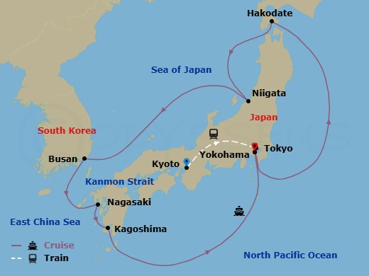14 Night - Highlights of Japan - Tour 3D - Diamond Princess Tours - Starting in Kyoto, Japan, Tokyo, Japan, Tokyo (Yokohama), Japan, Hakodate, Japan, Niigata, Japan, Busan, South Korea, Nagasaki, Japan, Kagoshima, Japan, Tokyo (Yokohama), Japan itinerary map