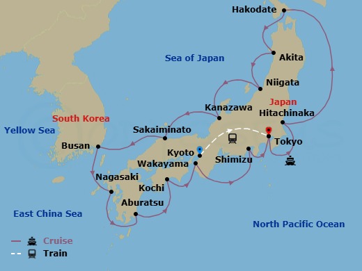 19 Night - Highlights of Japan - Tour 3A - Diamond Princess Tours - Starting in Kyoto, Japan, Tokyo, Japan, Hitachinaka (for Nikko), Japan, Hakodate, Japan, Akita, Japan, Niigata, Japan, Kanazawa, Japan, Sakaiminato, Japan, Busan, South Korea, Nagasaki, Japan, Miyazaki (Aburatsu), Japan, Kochi, Japan, Wakayama, Japan, Shimizu (for Mount Fuji), Japan, Tokyo, Japan itinerary map