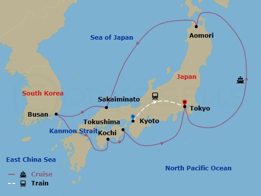 15 Night - Highlights of Japan - Tour 3E - Diamond Princess Tours - Starting in Kyoto, Japan, Tokyo, Japan, Aomori, Japan, Sakaiminato, Japan, Busan, South Korea, Kochi, Japan, Tokushima, Japan, Tokyo, Japan itinerary map