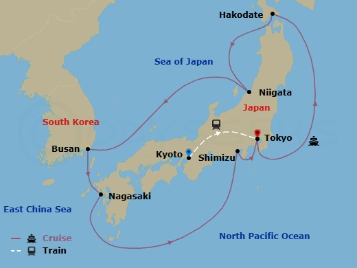 14 Night - Highlights of Japan - Tour 3D - Diamond Princess Tours - Starting in Kyoto, Japan, Tokyo, Japan, Hakodate, Japan, Niigata, Japan, Busan, South Korea, Nagasaki, Japan, Shimizu (for Mount Fuji), Japan, Tokyo, Japan itinerary map