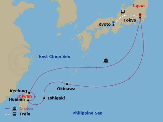 14 Night - Highlights of Japan - Tour 3D - Diamond Princess Tours - Starting in Kyoto, Japan, Tokyo, Japan, Taipei (Keelung), Hualien, Taiwan, Ishigaki, Japan, Okinawa, Japan, Tokyo, Japan itinerary map