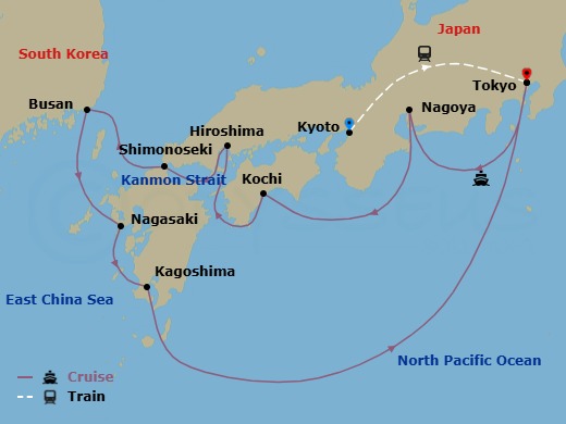 14 Night - Highlights of Japan - Tour 3D - Diamond Princess Tours - Starting in Kyoto, Japan, Tokyo, Japan, Nagoya, Japan, Kochi, Japan, Hiroshima, Japan, Kanmon Straits, Japan, Shimonoseki, Japan, Busan, South Korea, Nagasaki, Japan, Kagoshima, Japan, Tokyo, Japan itinerary map