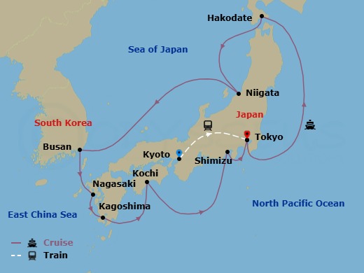 15 Night - Highlights of Japan - Tour 3E - Diamond Princess Tours - Starting in Kyoto, Japan, Tokyo, Japan, Hakodate, Japan, Niigata, Japan, Busan, South Korea, Nagasaki, Japan, Kagoshima, Japan, Kochi, Japan, Shimizu (for Mount Fuji), Japan, Tokyo, Japan itinerary map
