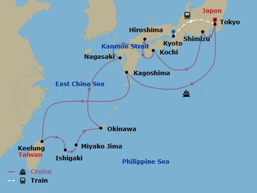 19 Night - Highlights of Japan - Tour 3A - Diamond Princess Tours - Starting in Kyoto, Japan, Tokyo, Japan, Kagoshima, Japan, Taipei (Keelung), Ishigaki, Japan, Miyakojima, Japan, Okinawa, Japan, Nagasaki, Japan, Kanmon Straits, Japan, Hiroshima, Japan, Kochi, Japan, Shimizu (for Mount Fuji), Japan, Tokyo, Japan itinerary map