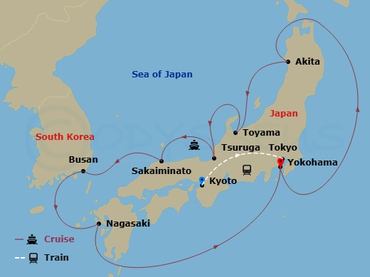 14 Night - Highlights of Japan - Tour 3D - Diamond Princess Tours - Starting in Kyoto, Japan, Tokyo, Japan, Tokyo (Yokohama), Japan, Akita, Japan, Toyama (Fushiki), Japan, Tsuruga, Japan, Sakaiminato, Japan, Busan, South Korea, Nagasaki, Japan, Tokyo (Yokohama), Japan itinerary map