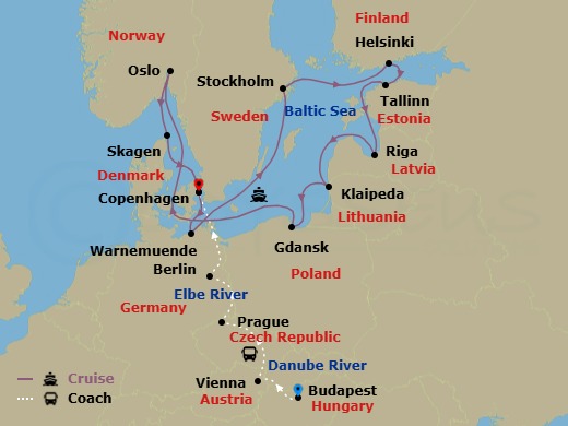 20 Night - Imperial Treasures - Tour 1A - Caribbean Princess Tours - Starting in Budapest, Hungary, Vienna, Austria, Prague, Czech Republic, Berlin, Germany, Copenhagen, Denmark, Warnemunde (for Berlin), Germany, Stockholm, Sweden, Helsinki, Finland, Tallinn, Estonia, Riga, Latvia, Klaipeda, Lithuania, Gdansk (Gdynia), Poland, Oslo, Norway, Skagen, Denmark, Copenhagen, Denmark itinerary map