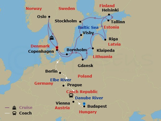 20 Night - Imperial Treasures - Tour 1A - Caribbean Princess Tours - Starting in Budapest, Hungary, Vienna, Austria, Prague, Czech Republic, Berlin, Germany, Copenhagen, Denmark, Oslo, Norway, Bornholm, Denmark, Gdansk (Gdynia), Poland, Klaipeda, Lithuania, Riga, Latvia, Helsinki, Finland, Tallinn, Estonia, Stockholm, Sweden, Visby, Sweden, Copenhagen, Denmark itinerary map