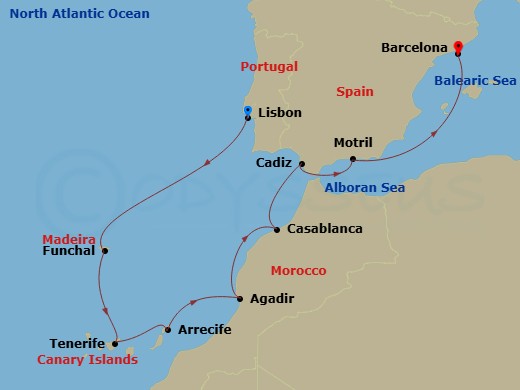 11 Night - Europe - Canary Island - Norwegian Star - Starting in Lisbon, Portugal, Funchal, Portugal, Santa Cruz de Tenerife, Arrecife, Spain, Agadir, Morocco, Casablanca, Morocco, Cadiz / Seville, Spain, Motril, Spain, Barcelona, Spain itinerary map