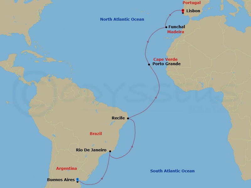 14 Night - Repo - Transatlantic - Norwegian Star - Starting in Buenos Aires, Argentina, Rio De Janeiro, Brazil, Recife, Brazil, Porto Grande, Cape Verde, Funchal, Portugal, Lisbon, Portugal itinerary map