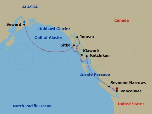 7 Night - Alaska from Seward to Vancouver - Crystal Symphony - Starting in Seward, Cruise Hubbard Glacier, Alaska, Sitka, Alaska, Juneau, Alaska, Klawock, Ketchikan, Seymour Narrows, British Columbia, Vancouver itinerary map