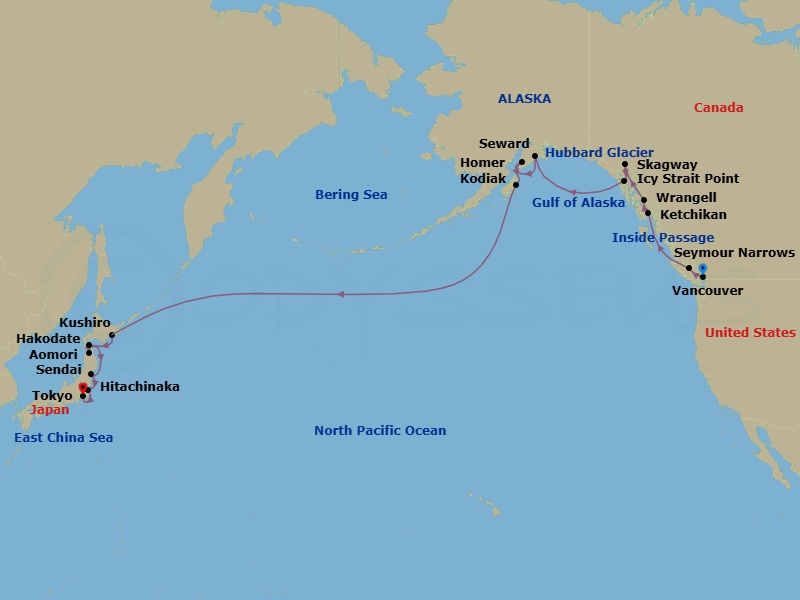 21 Night - Transoceanic - Crystal Symphony - Starting in Vancouver, Seymour Narrows, British Columbia, Ketchikan, Wrangell, Skagway, Alaska, Icy Strait Point, Alaska, Cruise Hubbard Glacier, Alaska, Seward, Homer, Kodiak Island, Alaska, Date Line lose a day, Kushiro, Hakodate (Hokkaido), Aomori, Sendai, Hitachinaka itinerary map