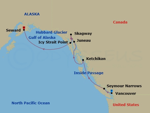 7 Night - Alaska from Vancouver to Seward - Crystal Symphony - Starting in Vancouver, Seymour Narrows, British Columbia, Ketchikan, Juneau, Alaska, Skagway, Alaska, Icy Strait Point, Alaska, Cruise Hubbard Glacier, Alaska, Seward itinerary map