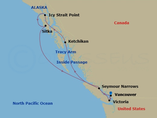 8 Night - Alaska Roundtrip from Vancouver - Crystal Symphony - Starting in Vancouver, Seymour Narrows, British Columbia, Ketchikan, Cruise Tracy Arm / Sawyer Glacier, Icy Strait Point, Alaska, Sitka, Alaska, Victoria CA, Canada, Vancouver itinerary map