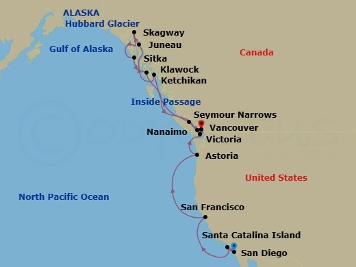18 Night - Alaska from San Diego to Vancouver - Crystal Symphony - Starting in San Diego, Santa Catalina Island, San Francisco, Astoria, Victoria CA, Canada, Nanaimo, British Columbia, Vancouver, Seymour Narrows, British Columbia, Ketchikan, Juneau, Alaska, Skagway, Alaska, Cruise Hubbard Glacier, Alaska, Sitka, Alaska, Klawock, Victoria CA, Canada, Vancouver itinerary map