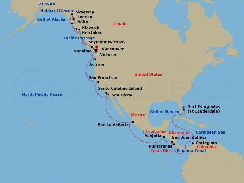 33 Night - Alaska from Ft Lauderdale (Port Everglades) to Vancouver - Crystal Symphony - Starting in Fort Lauderdale, Cartagena CO, Panama Canal Transit, Puntarenas, San Juan del Sur, Acajutla, Puerto Vallarta, San Diego, Santa Catalina Island, San Francisco, Astoria, Victoria CA, Canada, Nanaimo, British Columbia, Vancouver, Seymour Narrows, British Columbia, Ketchikan, Juneau, Alaska, Skagway, Alaska, Cruise Hubbard Glacier, Alaska, Sitka, Alaska, Klawock, Victoria CA, Canada, Vancouver itinerary map