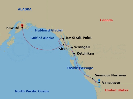 7 Night - Alaska from Vancouver to Seward - Crystal Symphony - Starting in Vancouver, Seymour Narrows, British Columbia, Ketchikan, Wrangell, Icy Strait Point, Alaska, Sitka, Alaska, Cruise Hubbard Glacier, Alaska, Seward itinerary map
