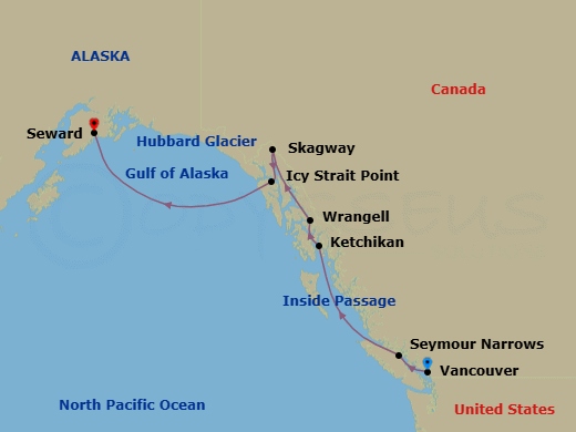 7 Night - Alaska from Vancouver to Seward - Crystal Symphony - Starting in Vancouver, Seymour Narrows, British Columbia, Ketchikan, Wrangell, Skagway, Alaska, Icy Strait Point, Alaska, Cruise Hubbard Glacier, Alaska, Seward itinerary map