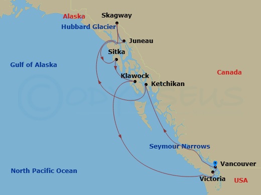 10 Night - Alaska Roundtrip from Vancouver - Crystal Symphony - Starting in Vancouver, Seymour Narrows, British Columbia, Ketchikan, Juneau, Alaska, Skagway, Alaska, Cruise Hubbard Glacier, Alaska, Sitka, Alaska, Klawock, Victoria CA, Canada, Vancouver itinerary map