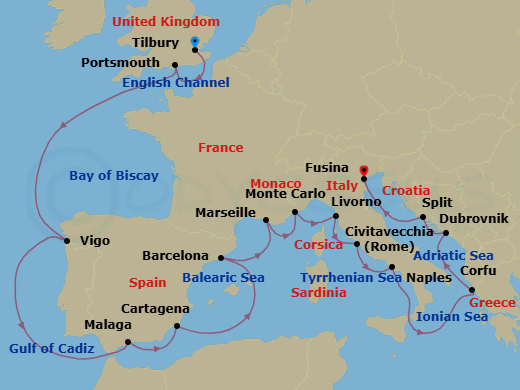 19 Night - Iberian & Mediterranean Odyssey - Viking Astrea - Starting in London (Tilbury), Portsmouth UK, Scenic Sailing English Channel, Vigo, Sail the Atlantic Ocean, Granada (Malaga), Murcia (Cartagena ES, Spain), Barcelona, Marseille, Monte Carlo, Florence / Pisa (Livorno), Rome (Civitavecchia), Naples, Sail the Ionian Sea, Corfu (Kerkyra), Dubrovnik, Croatia, Split, Venice (Fusina) itinerary map