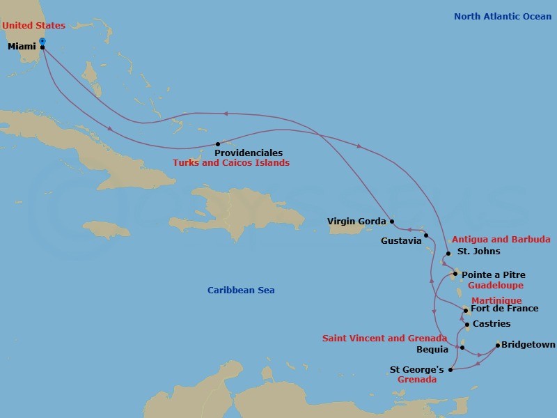 15 Night - An Extended Journey from Sophisticated Harbours to Sun-Soaked Horizons - EXPLORA III - Starting in Miami, Providenciales, St Johns AG, Antigua, Pointe-a-Pitre, Bequia, Bridgetown, St Georges, Grenada, Castries, Fort-de-France, Martinique, Gustavia, Spanish Town (Virgin Gorda), Miami itinerary map