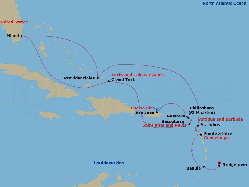 14 Night - An Extended Journey from Ocean Calm to Vibrant Culture - EXPLORA III - Starting in San Juan, St Maarten / Philipsburg, Gustavia, Basseterre, Grand Turk, Miami, Providenciales, St Johns AG, Antigua, Pointe-a-Pitre, Bequia, Bridgetown itinerary map