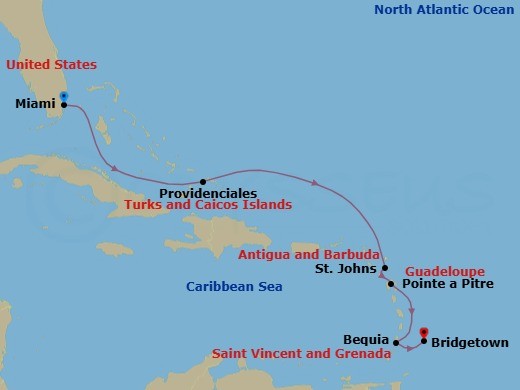 7 Night - A Journey of Soft Sands, Azure Waters & Sun-Drenched Shores - EXPLORA III - Starting in Miami, Providenciales, St Johns AG, Antigua, Pointe-a-Pitre, Bequia, Bridgetown itinerary map