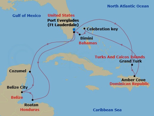 14 Night - Eastern / Western Caribbean Adventurer with Celebration Key - Star Princess - Starting in Fort Lauderdale, Florida, Roatan (Isla Tropicale), Honduras, Belize City, Belize, Cozumel, Mexico, Fort Lauderdale, Florida, Grand Turk, Turks and Caicos, Amber Cove, Dominican Republic, Celebration Key, Bahamas, Bimini, Bahamas, Fort Lauderdale, Florida itinerary map