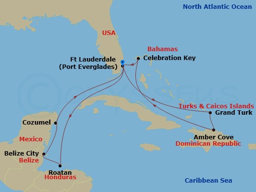 14 Night - Eastern / Western Caribbean Adventurer with Celebration Key - Star Princess - Starting in Fort Lauderdale, Florida, Grand Turk, Turks and Caicos, Amber Cove, Dominican Republic, Celebration Key, Bahamas, Fort Lauderdale, Florida, Roatan (Isla Tropicale), Honduras, Belize City, Belize, Cozumel, Mexico, Fort Lauderdale, Florida itinerary map