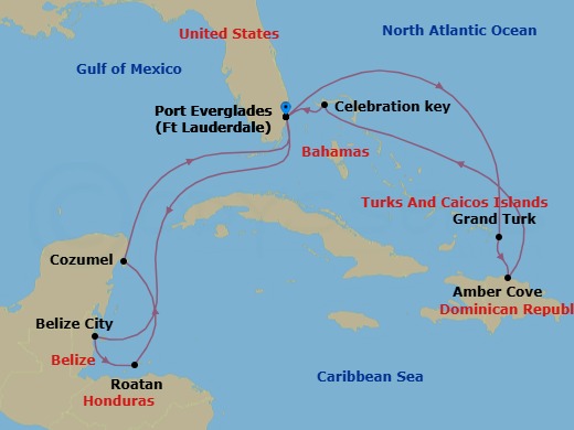 14 Night - Eastern / Western Caribbean Adventurer with Celebration Key - Star Princess - Starting in Fort Lauderdale, Florida, Belize City, Belize, Roatan (Isla Tropicale), Honduras, Cozumel, Mexico, Fort Lauderdale, Florida, Grand Turk, Turks and Caicos, Amber Cove, Dominican Republic, Celebration Key, Bahamas, Fort Lauderdale, Florida itinerary map