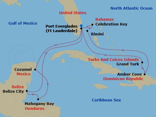 14 Night - Eastern / Western Caribbean Adventurer with Celebration Key - Star Princess - Starting in Fort Lauderdale, Florida, Grand Turk, Turks and Caicos, Amber Cove, Dominican Republic, Bimini, Bahamas, Celebration Key, Bahamas, Fort Lauderdale, Florida, Belize City, Belize, Roatan (Isla Tropicale), Honduras, Cozumel, Mexico, Fort Lauderdale, Florida itinerary map