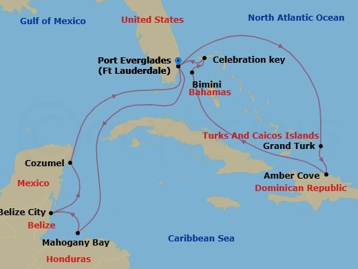 14 Night - Eastern / Western Caribbean Adventurer with Celebration Key - Star Princess - Starting in Fort Lauderdale, Florida, Roatan (Isla Tropicale), Honduras, Belize City, Belize, Cozumel, Mexico, Fort Lauderdale, Florida, Grand Turk, Turks and Caicos, Amber Cove, Dominican Republic, Bimini, Bahamas, Celebration Key, Bahamas, Fort Lauderdale, Florida itinerary map