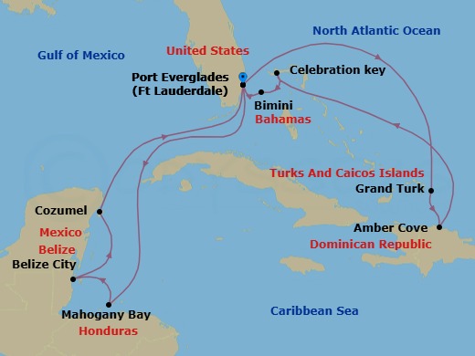 14 Night - Eastern / Western Caribbean Adventurer with Celebration Key - Star Princess - Starting in Fort Lauderdale, Florida, Grand Turk, Turks and Caicos, Amber Cove, Dominican Republic, Celebration Key, Bahamas, Bimini, Bahamas, Fort Lauderdale, Florida, Roatan (Isla Tropicale), Honduras, Belize City, Belize, Cozumel, Mexico, Fort Lauderdale, Florida itinerary map