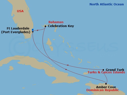 7 Night - Eastern Caribbean with Celebration Key - Star Princess - Starting in Fort Lauderdale, Florida, Celebration Key, Bahamas, Amber Cove, Dominican Republic, Grand Turk, Turks and Caicos, Fort Lauderdale, Florida itinerary map