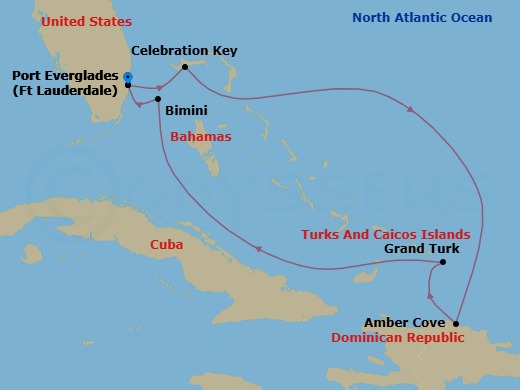 7 Night - Eastern Caribbean with Celebration Key - Star Princess - Starting in Fort Lauderdale, Florida, Celebration Key, Bahamas, Amber Cove, Dominican Republic, Grand Turk, Turks and Caicos, Bimini, Bahamas, Fort Lauderdale, Florida itinerary map