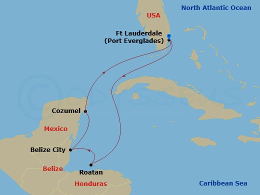 7 Night - Western Caribbean with Mexico - Star Princess - Starting in Fort Lauderdale, Florida, Roatan (Isla Tropicale), Honduras, Belize City, Belize, Cozumel, Mexico, Fort Lauderdale, Florida itinerary map