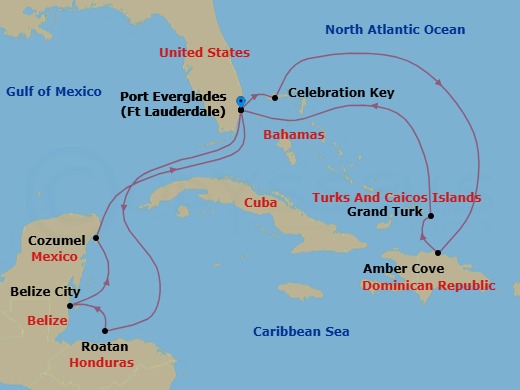 14 Night - Eastern / Western Caribbean Adventurer with Celebration Key - Star Princess - Starting in Fort Lauderdale, Florida, Celebration Key, Bahamas, Amber Cove, Dominican Republic, Grand Turk, Turks and Caicos, Fort Lauderdale, Florida, Roatan (Isla Tropicale), Honduras, Belize City, Belize, Cozumel, Mexico, Fort Lauderdale, Florida itinerary map