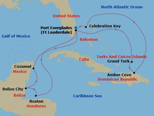 14 Night - Eastern / Western Caribbean Adventurer with Celebration Key - Star Princess - Starting in Fort Lauderdale, Florida, Roatan (Isla Tropicale), Honduras, Belize City, Belize, Cozumel, Mexico, Fort Lauderdale, Florida, Celebration Key, Bahamas, Amber Cove, Dominican Republic, Grand Turk, Turks and Caicos, Fort Lauderdale, Florida itinerary map