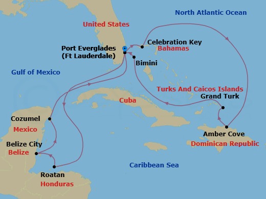 14 Night - Eastern / Western Caribbean Adventurer with Celebration Key - Star Princess - Starting in Fort Lauderdale, Florida, Celebration Key, Bahamas, Amber Cove, Dominican Republic, Grand Turk, Turks and Caicos, Bimini, Bahamas, Fort Lauderdale, Florida, Roatan (Isla Tropicale), Honduras, Belize City, Belize, Cozumel, Mexico, Fort Lauderdale, Florida itinerary map