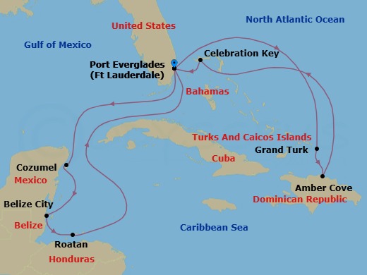 14 Night - Eastern / Western Caribbean Adventurer with Celebration Key - Star Princess - Starting in Fort Lauderdale, Florida, Grand Turk, Turks and Caicos, Amber Cove, Dominican Republic, Celebration Key, Bahamas, Fort Lauderdale, Florida, Cozumel, Mexico, Belize City, Belize, Roatan (Isla Tropicale), Honduras, Fort Lauderdale, Florida itinerary map