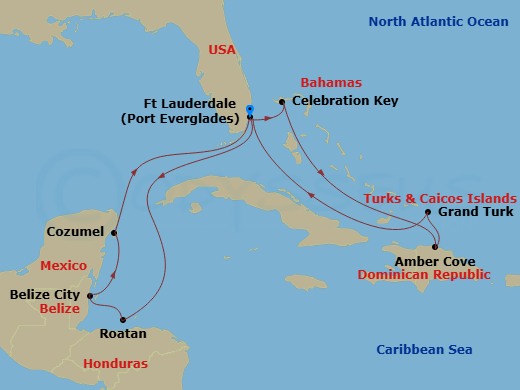 14 Night - Eastern / Western Caribbean Adventurer with Celebration Key - Star Princess - Starting in Fort Lauderdale, Florida, Roatan (Isla Tropicale), Honduras, Belize City, Belize, Cozumel, Mexico, Fort Lauderdale, Florida, Grand Turk, Turks and Caicos, Amber Cove, Dominican Republic, Celebration Key, Bahamas, Fort Lauderdale, Florida itinerary map