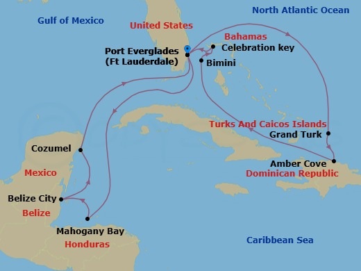 14 Night - Eastern / Western Caribbean Adventurer with Celebration Key - Star Princess - Starting in Fort Lauderdale, Florida, Grand Turk, Turks and Caicos, Amber Cove, Dominican Republic, Bimini, Bahamas, Celebration Key, Bahamas, Fort Lauderdale, Florida, Roatan (Isla Tropicale), Honduras, Belize City, Belize, Cozumel, Mexico, Fort Lauderdale, Florida itinerary map