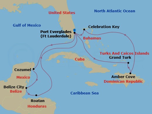 14 Night - Eastern / Western Caribbean Withcelebration Key Holiday - Star Princess - Starting in Fort Lauderdale, Florida, Cozumel, Mexico, Belize City, Belize, Roatan (Isla Tropicale), Honduras, Fort Lauderdale, Florida, Grand Turk, Turks and Caicos, Amber Cove, Dominican Republic, Celebration Key, Bahamas, Fort Lauderdale, Florida itinerary map
