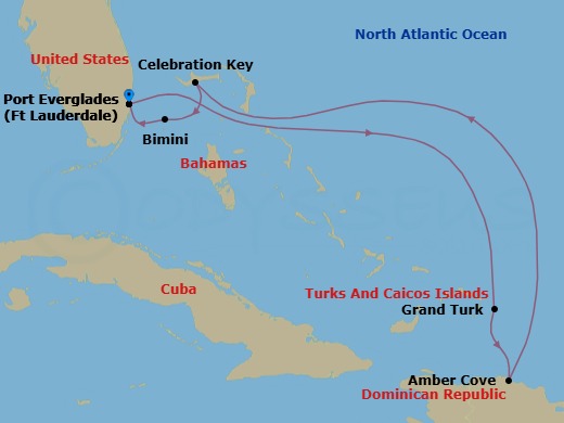 7 Night - Eastern Caribbean with Celebration Key - Star Princess - Starting in Fort Lauderdale, Florida, Grand Turk, Turks and Caicos, Amber Cove, Dominican Republic, Celebration Key, Bahamas, Bimini, Bahamas, Fort Lauderdale, Florida itinerary map