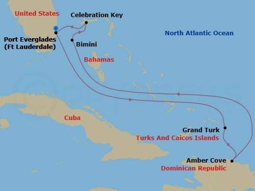 7 Night - Eastern Caribbean with Celebration Key - Star Princess - Starting in Fort Lauderdale, Florida, Grand Turk, Turks and Caicos, Amber Cove, Dominican Republic, Bimini, Bahamas, Celebration Key, Bahamas, Fort Lauderdale, Florida itinerary map