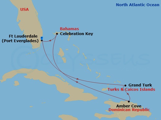 7 Night - Eastern Caribbean with Celebration Key - Star Princess - Starting in Fort Lauderdale, Florida, Grand Turk, Turks and Caicos, Amber Cove, Dominican Republic, Celebration Key, Bahamas, Fort Lauderdale, Florida itinerary map