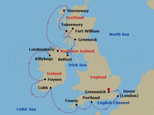 14 Night - British Isles & Ireland - Viking Mars - Starting in Belfast, Glasgow (Greenock), Tobermory, Fort William, Lewis and Harris (Stornoway), Scotland, Londonderry, Killybegs, Foynes (Limerick), Cobh (Cork), Fowey, Portland UK, Dover UK, London (Greenwich) itinerary map